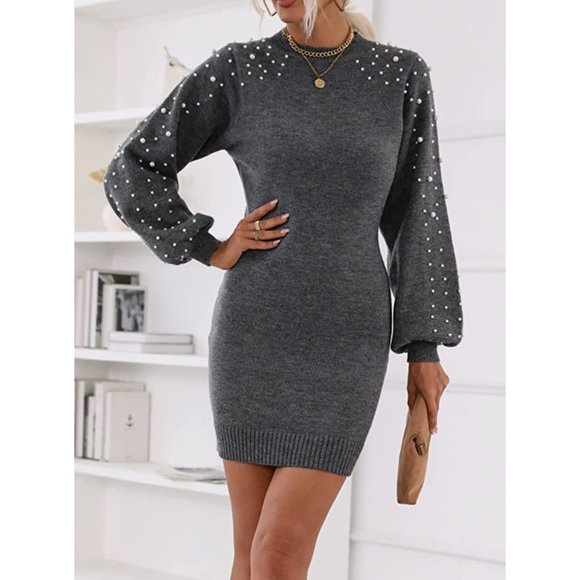 Dresses & Skirts - Gray Knit Pearl Embellished Lantern Sleeve Long Sleeve Bodycon Mini Dress